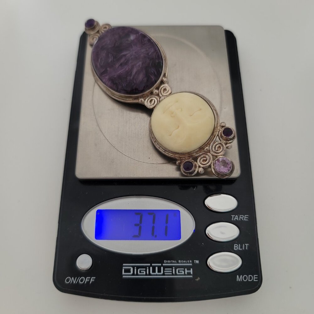 Mother of Pearl, Amethyst, Charoite & Sterling Goddess Pendant Brooch by Sajen - Picture 2 of 3